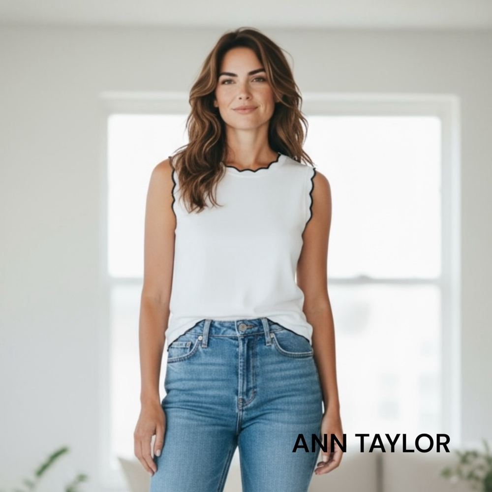 Ann Taylor White Black Scallop Trim Knit Tank Top XS